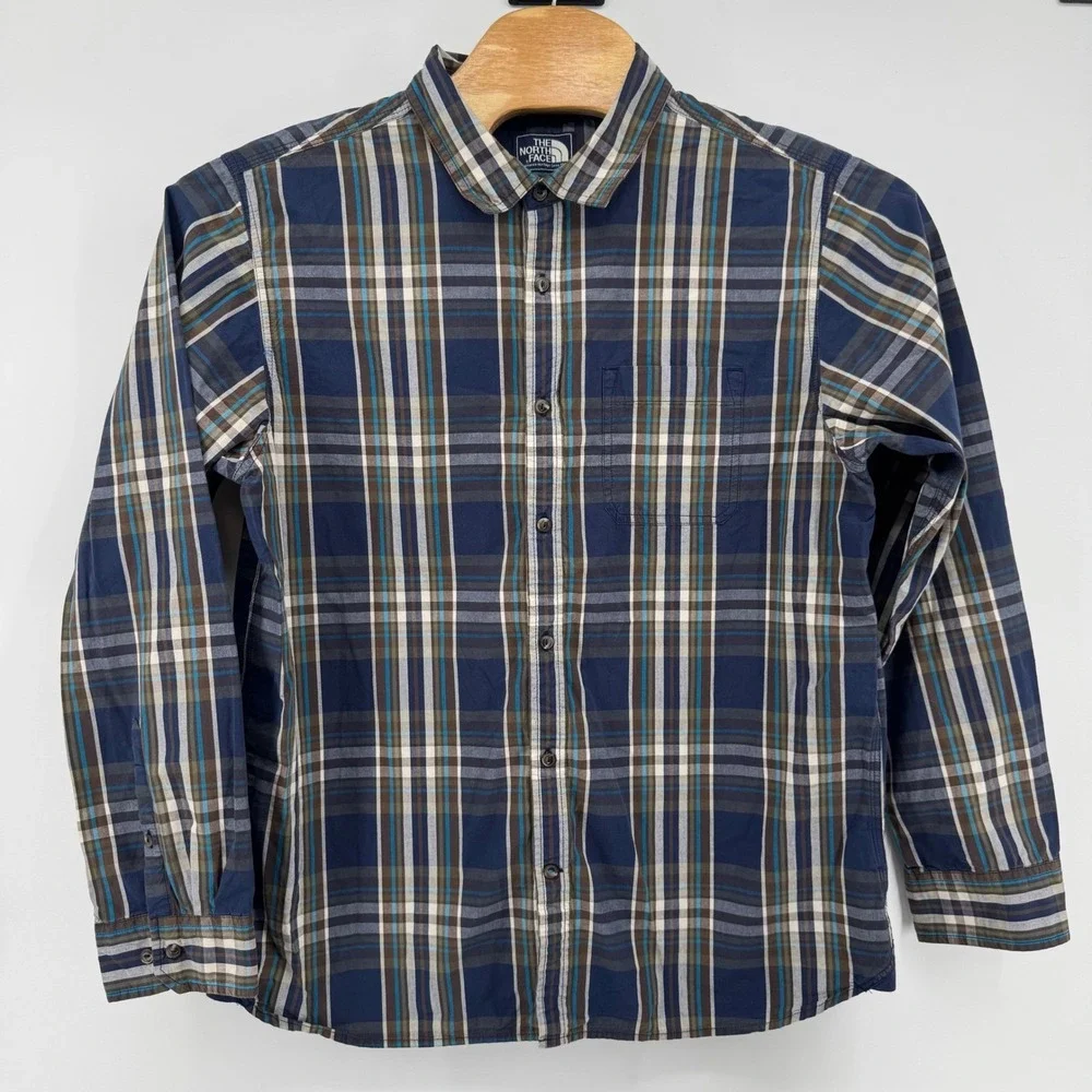 The North Face Button Down Shirt Mens XL Blue Brown Plaid Long Sleeve Cotton